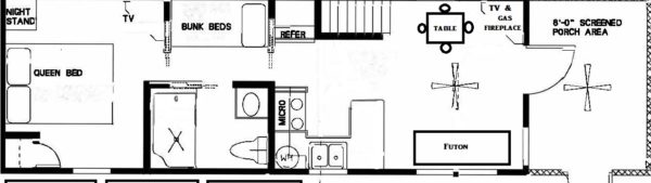 Floor plan layout of Lazy Bear Cottage at Jellystone Park South Haven showing loft, bedrooms, kitchen, and living area