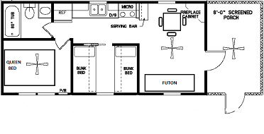 Floor plan of Yogi Bear Cottage showing queen bed, bunk beds, futon, full kitchen, bathroom, and screened porch