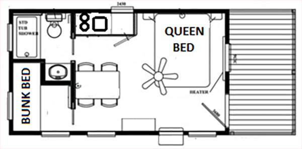Floorplan of Cindy Bear Cottage showing queen bed, bunk beds, kitchen, bathroom, and living space at Jellystone Park South Haven