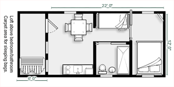 Floorplan of Ranger Smith Cottage showing bedroom, bunk beds, kitchen, bathroom, living area, and loft space at Jellystone Park South Haven