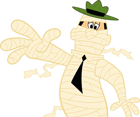 Halloween mummy character at South Haven Jellystone Park™ reaching forward during Spooktacular weekends