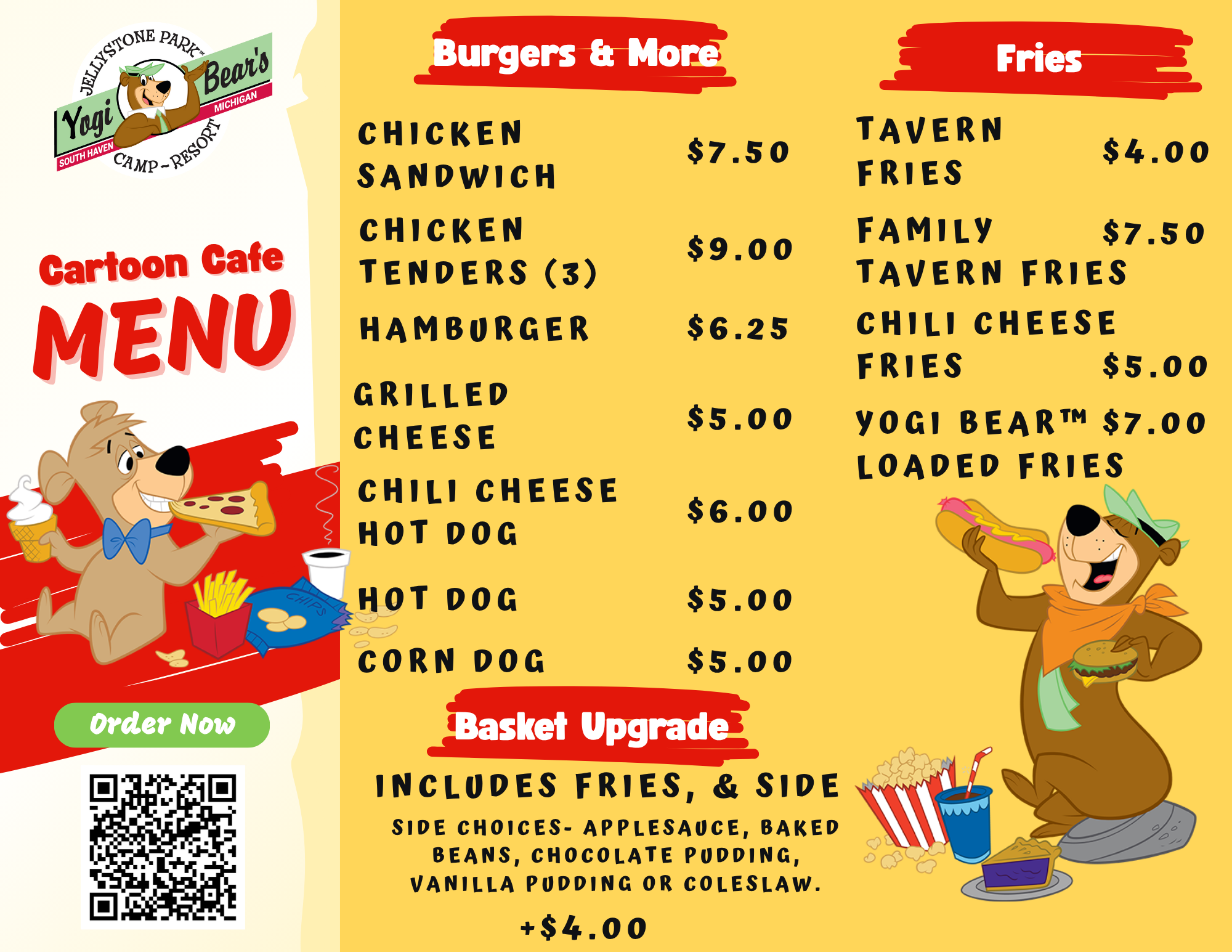 Cartoon Café Lunch and Dinner Menu Preview Lunch and dinner menu preview for Cartoon Café at Jellystone Park South Haven