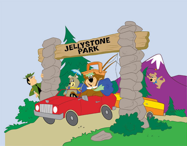 Family Road Trip Arrival at Jellystone Park South Haven Yogi Bear and Cindy Bear driving into Jellystone Park South Haven for a family camping vacation
