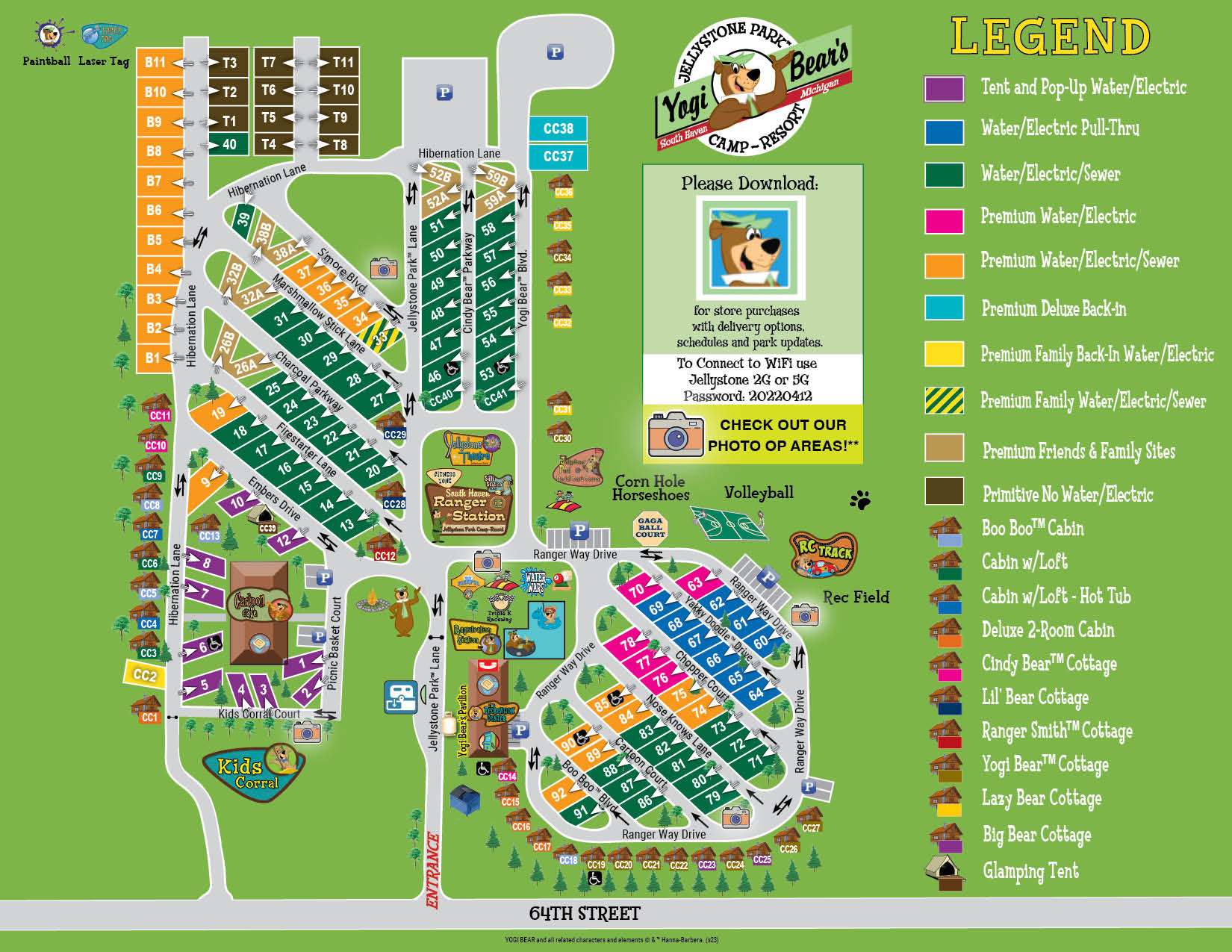 Property map showing campsites, cabins, amenities, and activity areas at Jellystone Park South Haven
